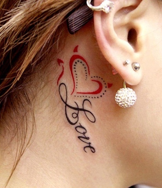 Heart Devil And Love Tattoo On Behind Ear