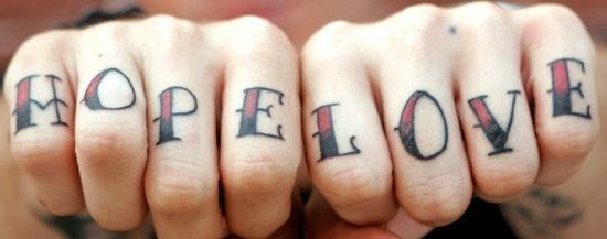 Hope Love Tattoo On Fingers