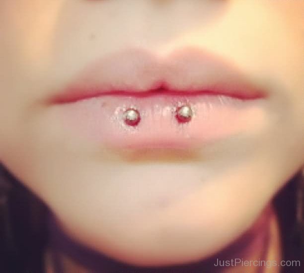 Horizontal Lip Piercing With Silver Barbell