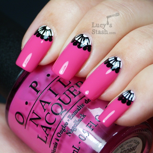 Hot Pink Nails With Black And White Half Moon Nail Art Design Idea