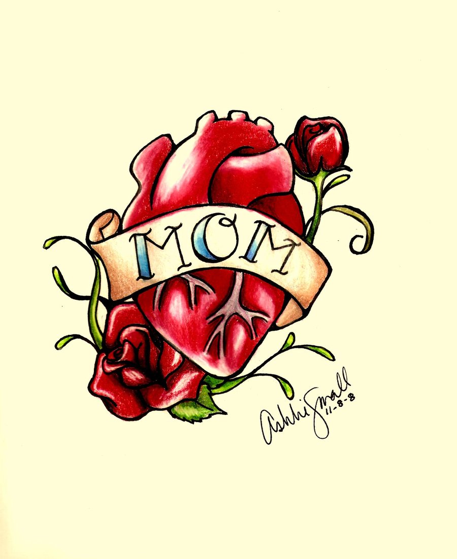 Human Heart With Mom Banner Tattoo Design.