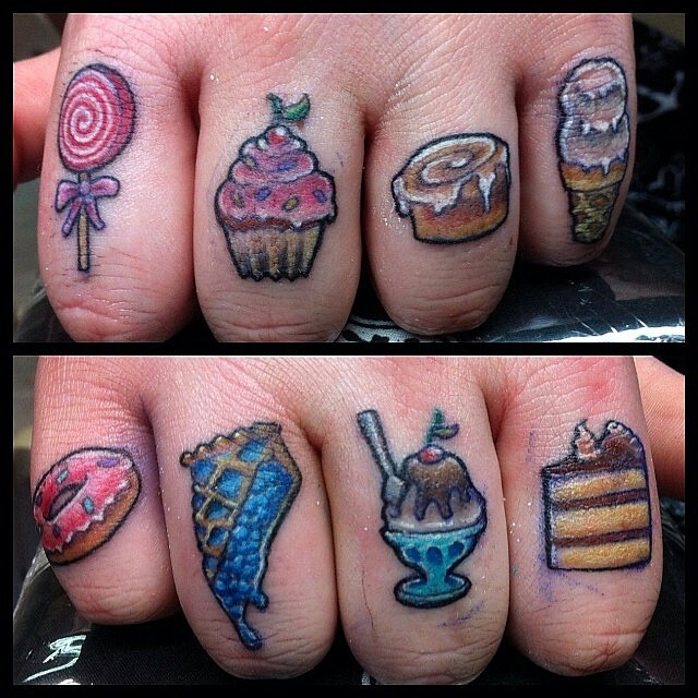 Ice Cream Pastry Lollipop Tattoos On Fingers