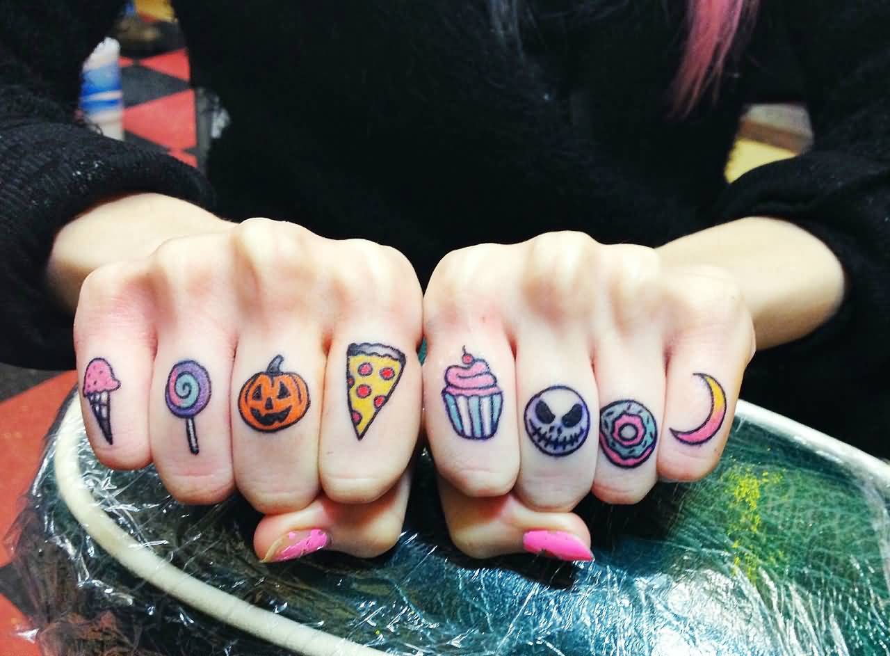Ice Cream Pizza Slice And Lollipop Tattoos On Both Hand Fingers