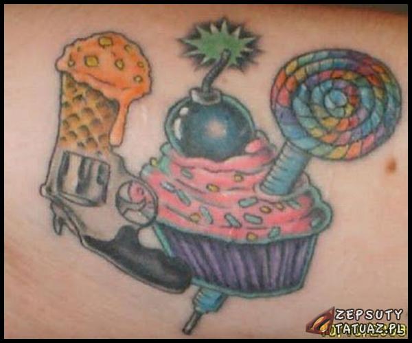 Ice Cream With Cupcake And Lollipop Tattoo