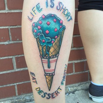 Ice Cream With Lettering Tattoo On Leg