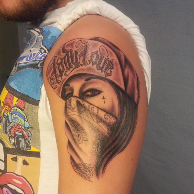 Realistic Grey Ink Gangsta  Girl  Tattoo  On Arm