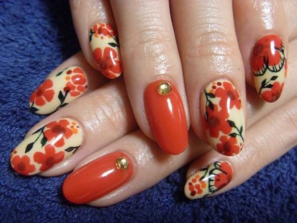 Japanese Orange Flowers Nail Art