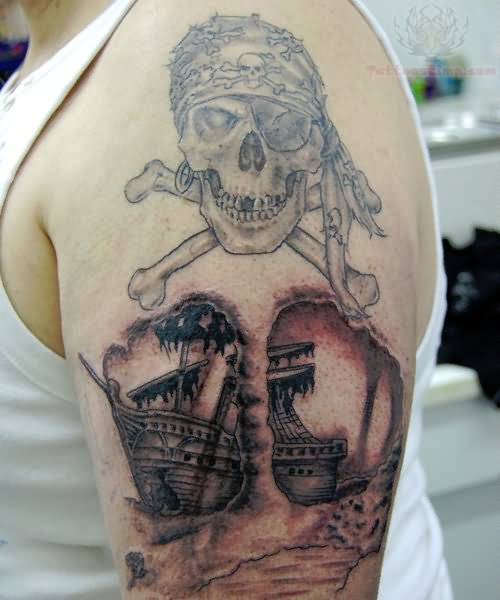 Jolly Roger And Ship Tattoo On Left Half Sleeve