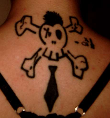 Jolly Roger Wearing Tattoo On Upper Back