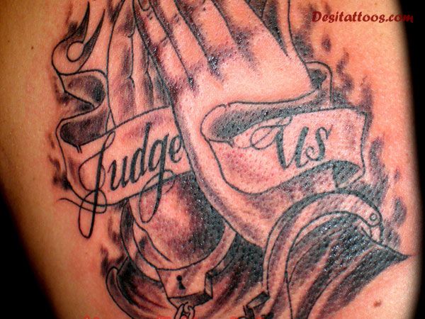 Judge Us Banner And Praying Hands Gangsta Tattoo