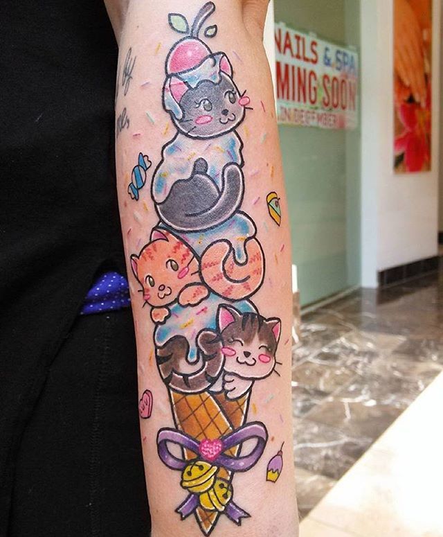 Kitties Ice Cream Tattoo On Arm
