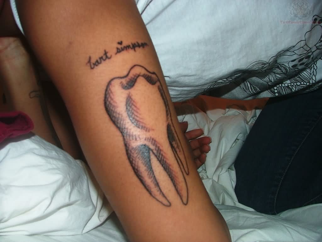 Large Molar Tooth Tattoo On Sleeve