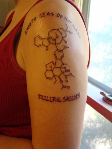 Lettering With Chemistry Equation Tattoo On Left Half Sleeve