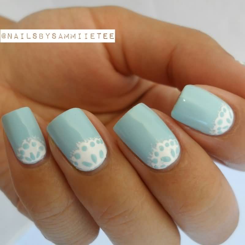 Light Blue Nails With White Lace Design Half Moon Nail Art