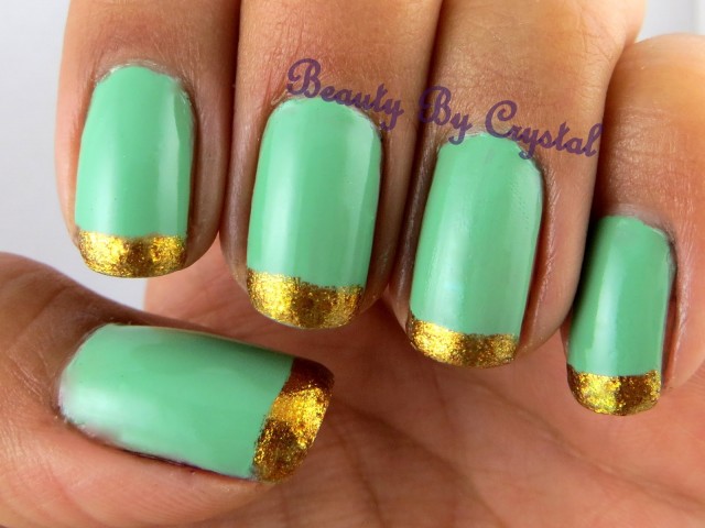 Light Green Nails With Gold Tip Nail Art