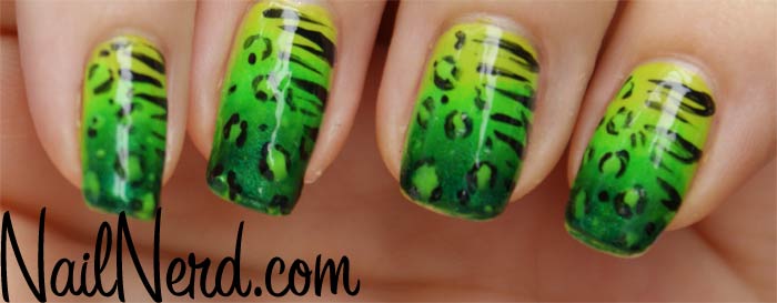 Lime Green And Black Animal Print Nail Art