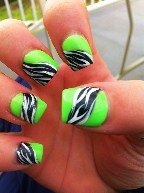 Lime Green With Black And White Zebra Print Stripes Nail Art