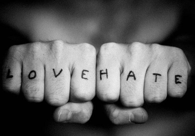 Love Hate Tattoo On Fingers