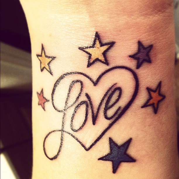 Love Heart And Stars Tattoo On Wrist