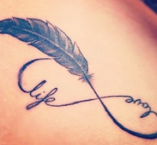 Love Life Infinity With Feather Tattoo
