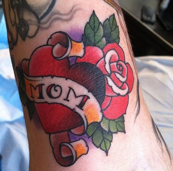 Love Mom With Rose Traditional Tattoo