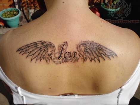Lovely Angel Wings Love Tattoo On Upper Back