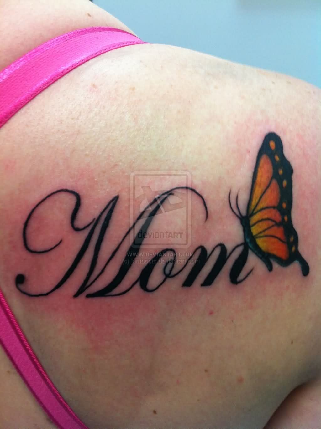 Lovely Butterfly Mom Tattoo On Right Back Shoulder