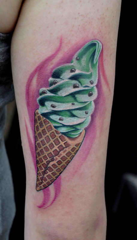 Lovely Ice Cream Cone Tattoo On Leg