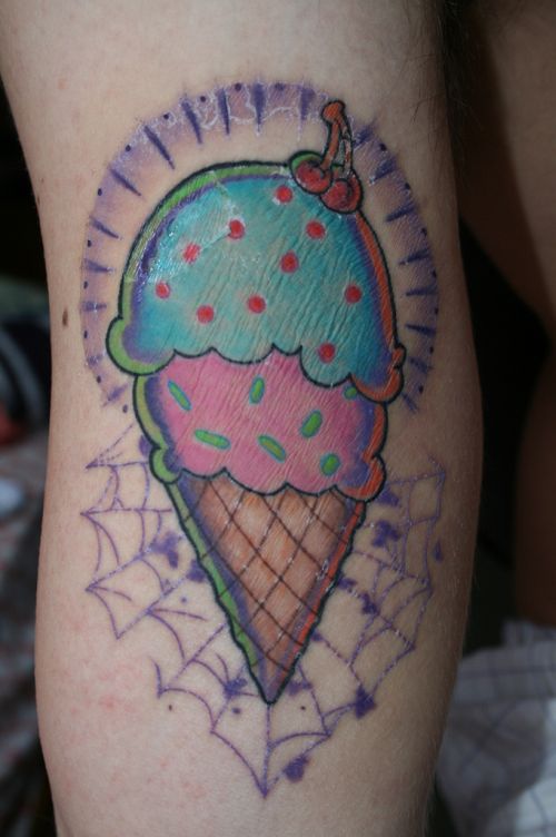 Lovely Ice Cream Cone With Spider Web Tattoo