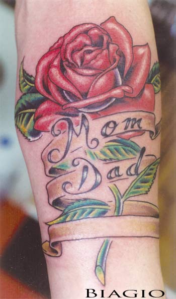 Lovely Mom And Dad Banner With Rose Tattoo On Forearm