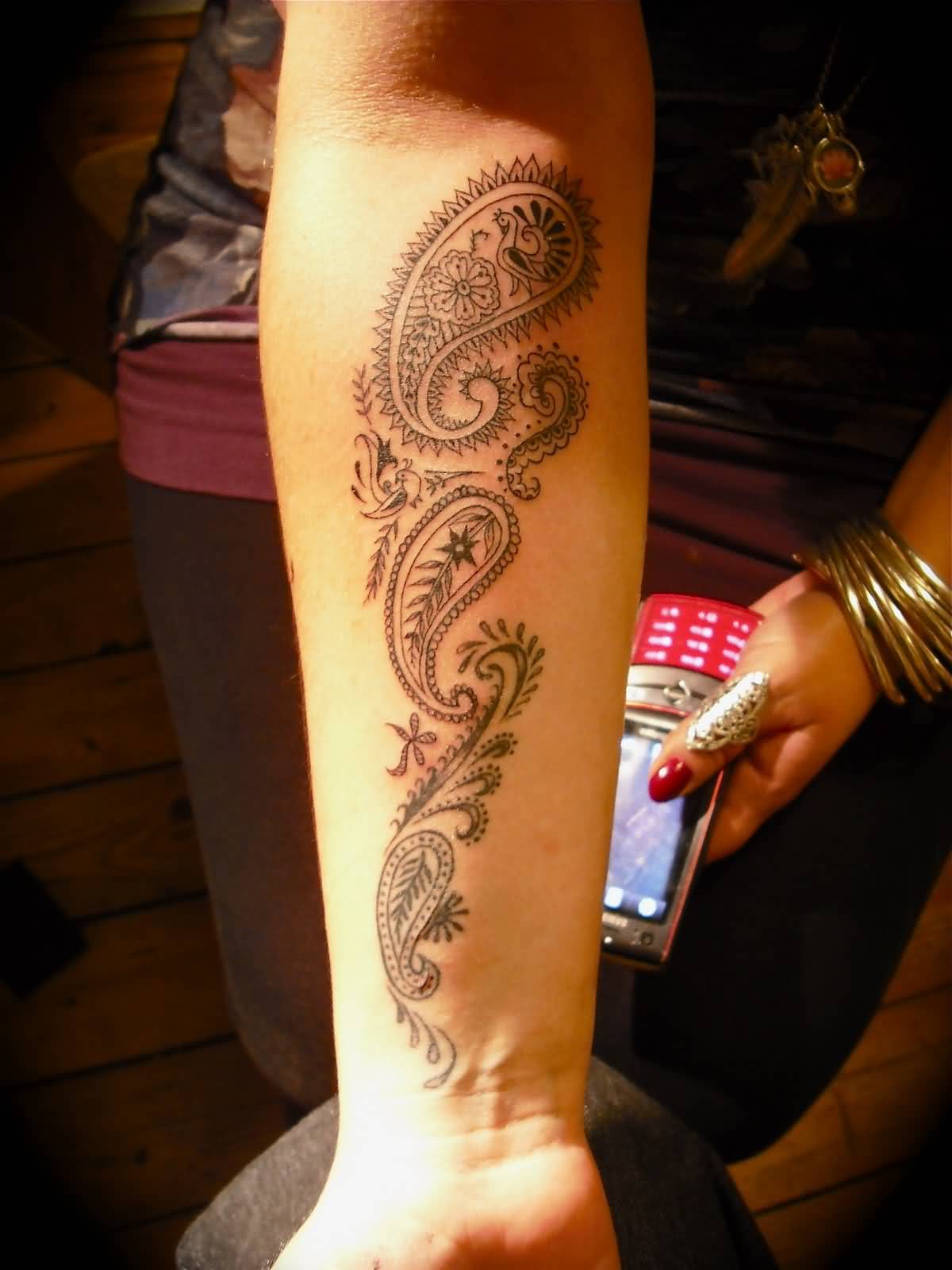 Lovely Paisley Pattern Tattoo On Forearm