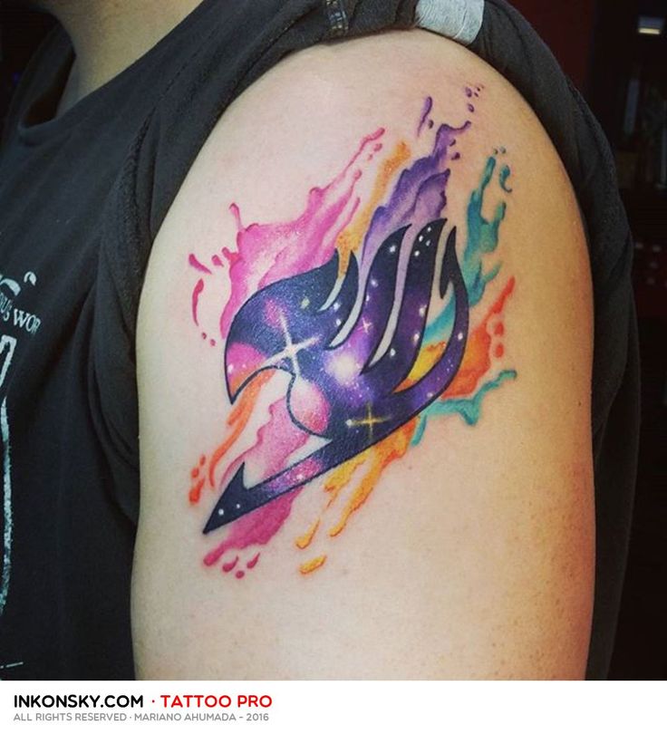 Lovely Shinning Fairy Tail With Color Splashes Tattoo On Left Shoulder