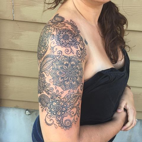 Mandala Flower With Paisley Pattern Tattoo On Right Half Sleeve