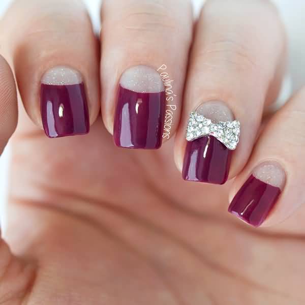 Maroon Nails With Half Moon Nail Art With Accent Metallic 3D Design Idea
