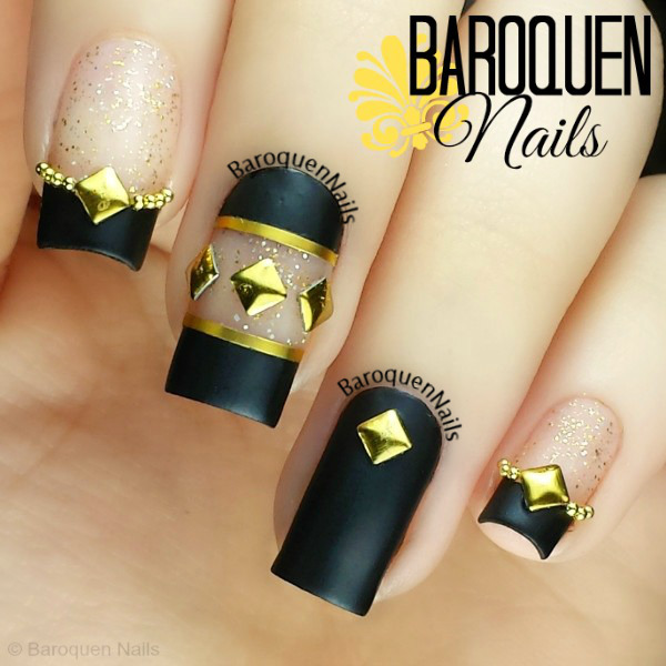 Matte Black And Gold Studs Negative Space Nail Art