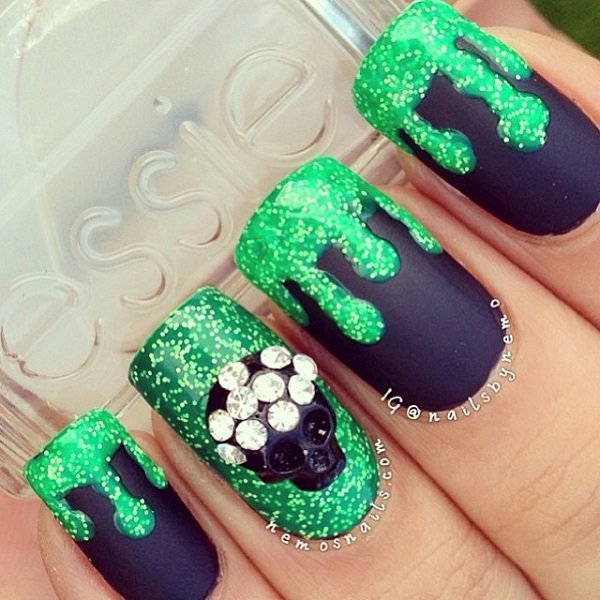 Matte Black Nails With Melted Green Glitter Nail Art Design