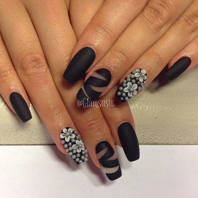 Matte Black Negative Space With Pearl Design Nail Art