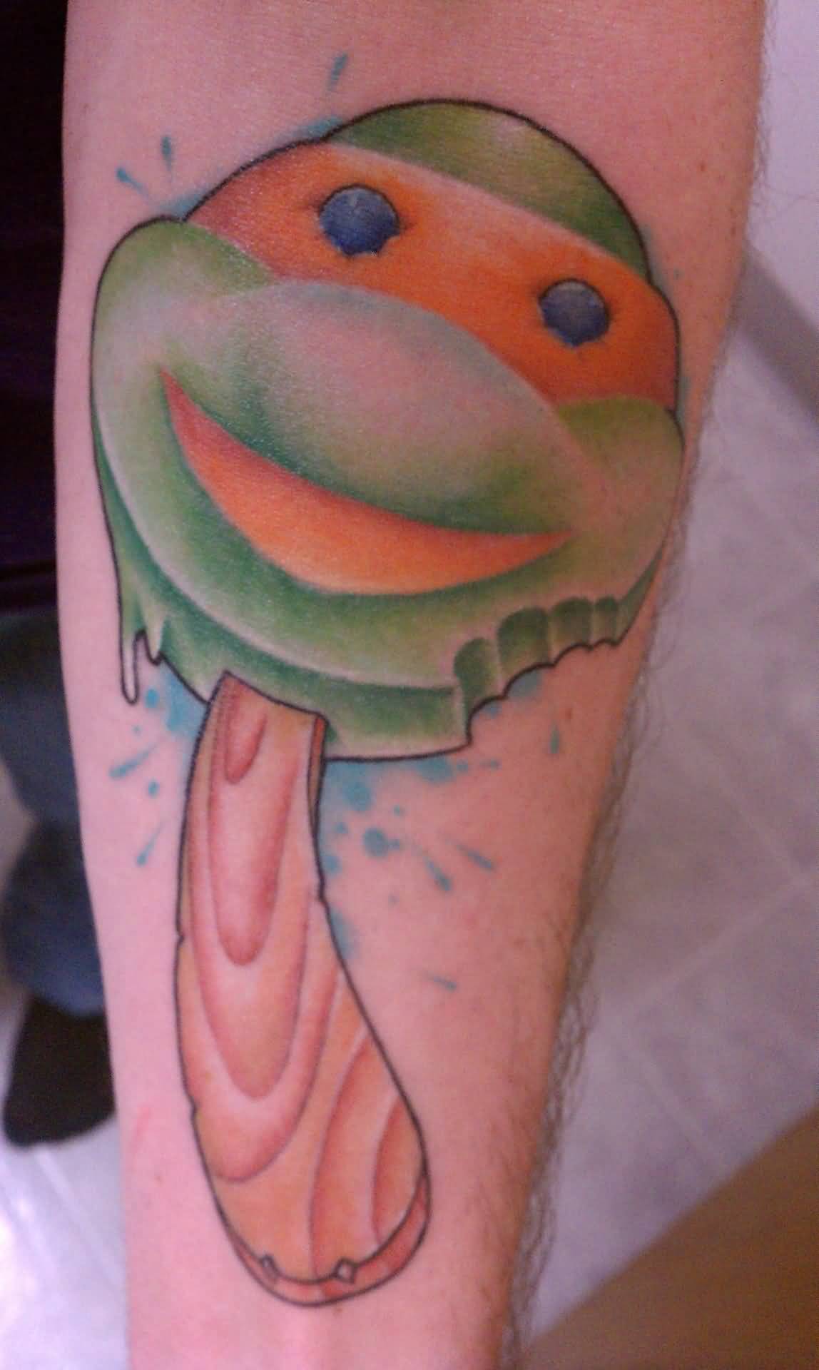 Michelangelo Ninja Turtle Ice Cream Tattoo On Forearm