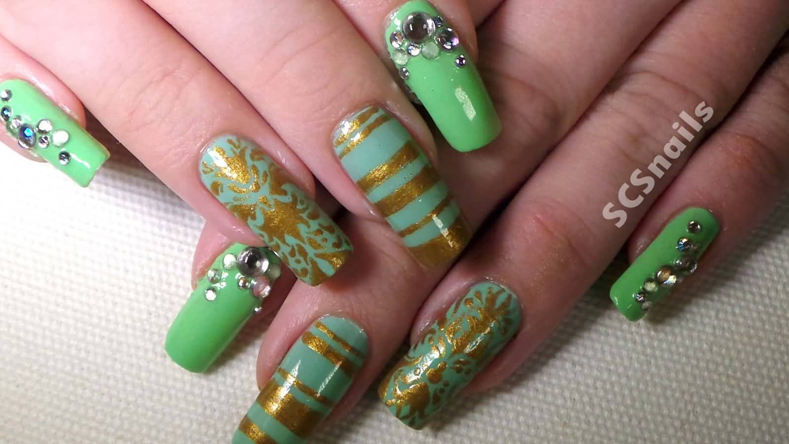 Mint Green And Gold Baroque Nail Art