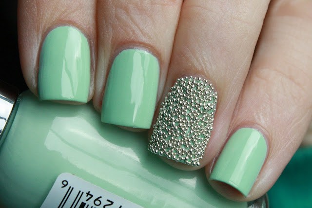 Mint Green Nails With Accent Caviar Beads Nail Art