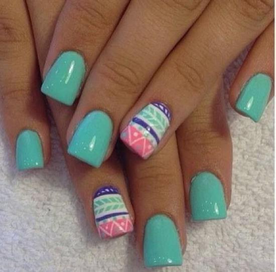 Mint Green Nails With Accent Tribal Design Nail Art