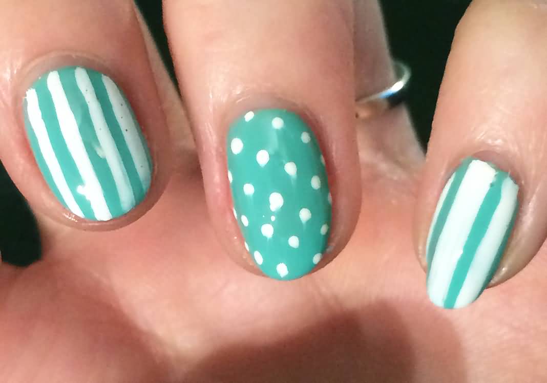Mint Green With White Stripes And Polka Dots Nail Art