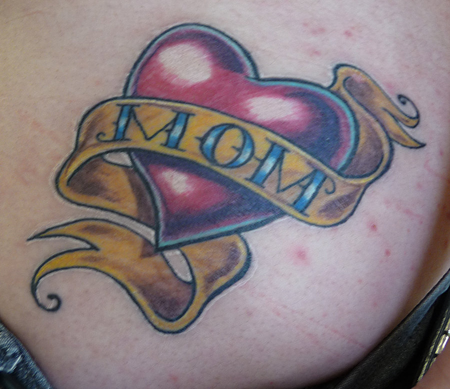 Mom Banner On Red Heart Shape Tattoo