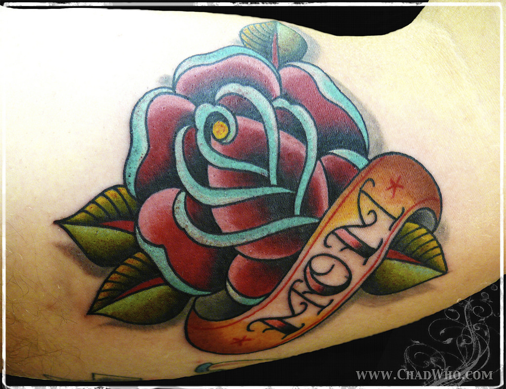 Mom Banner With Rose Flower Tattoo On Half Sleeve