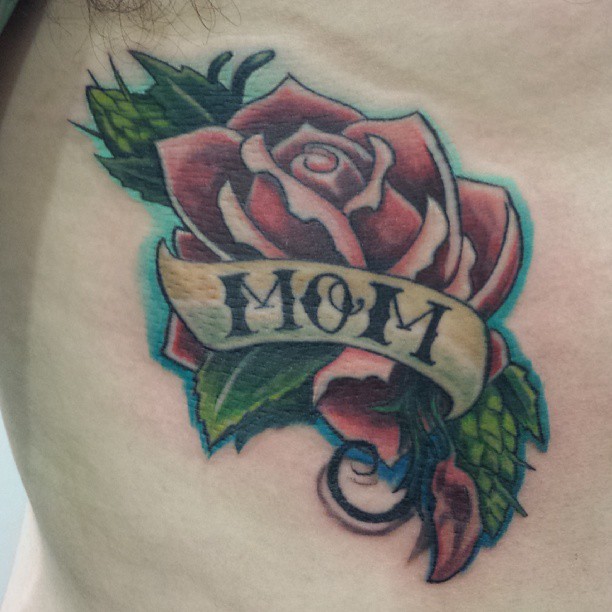 Mom Banner With Rose Flower Traditional Tattoo