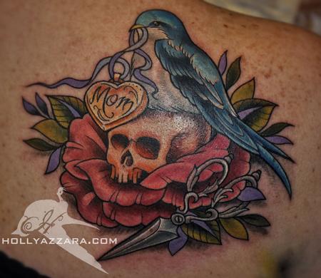 Mom Bird With Skull And Rose Tattoo