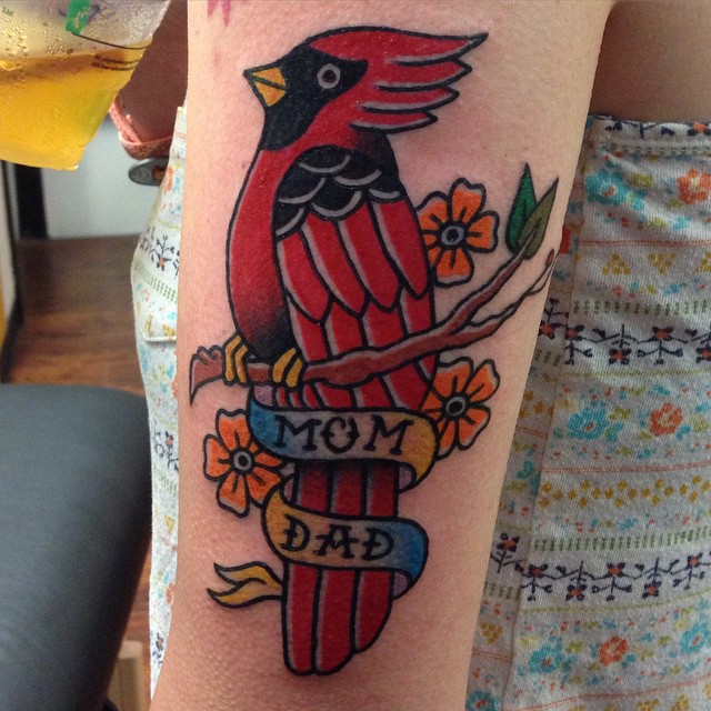 Mom Dad Banner On Bird Traditional Tattoo On Left Half Sleeve