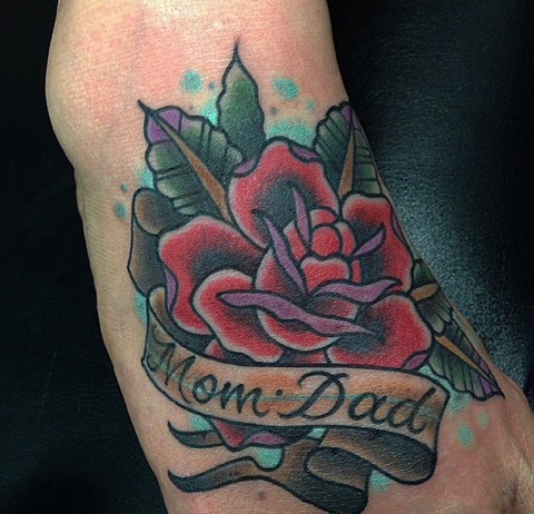 Mom Dad Rose Traditional Tattoo On Foot