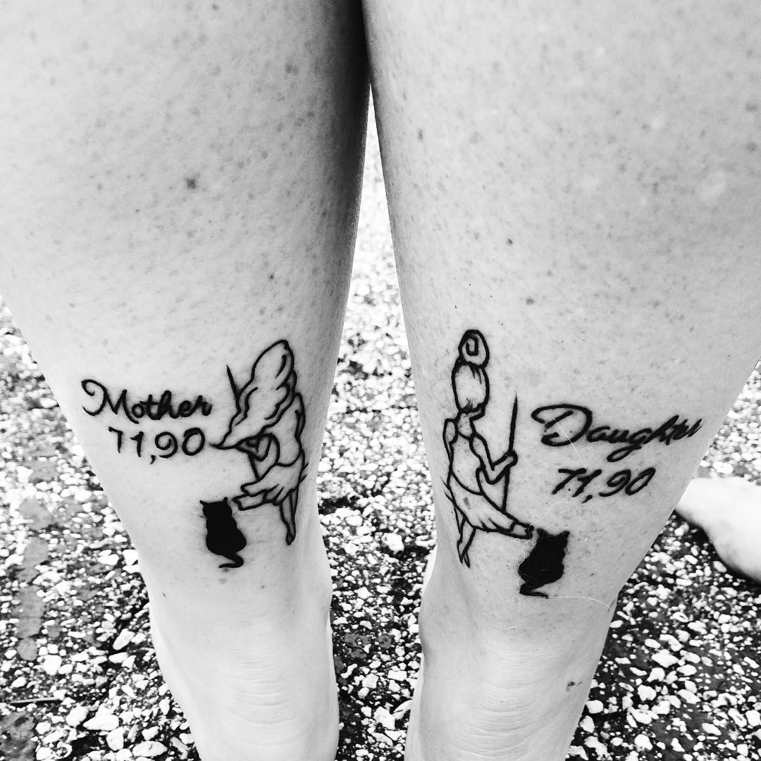 Mom Daughter Tattoo With Black Kitty On Back Legs
