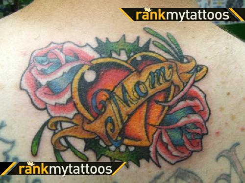 Mom Heart Banner With Rose Flower Tattoo On Upper Back